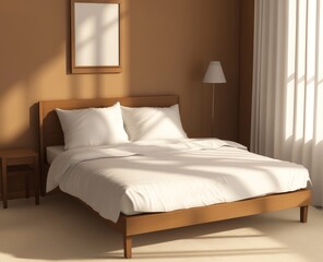 Minimalist bedroom interior with sunlight, wooden bed, and white bedding.