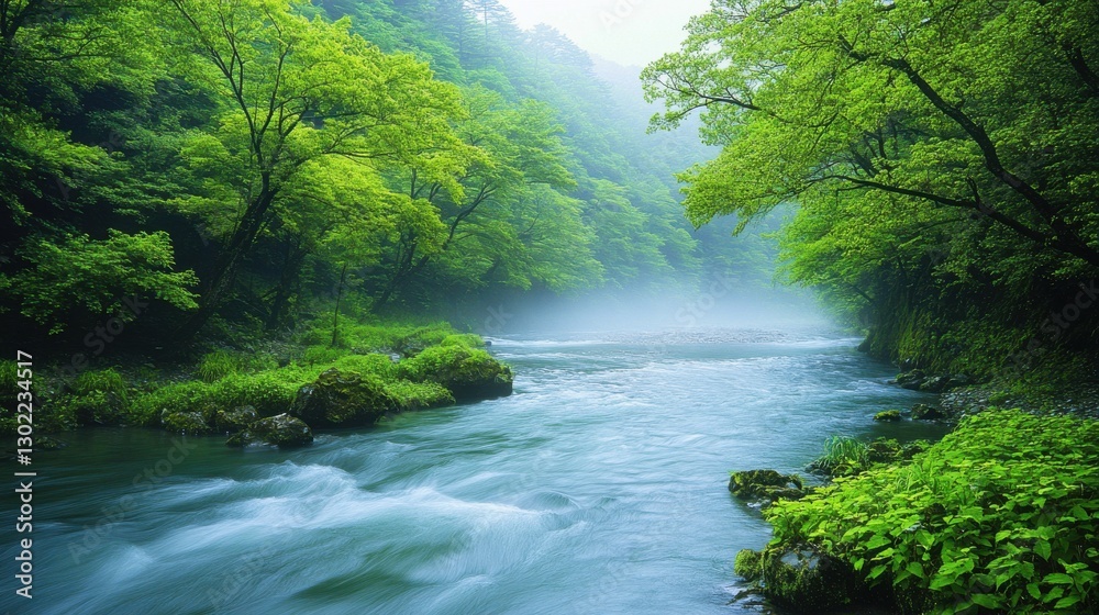 Aufkleber misty riverside with flowing water surrounded by lush greenery in a tranquil natural setting