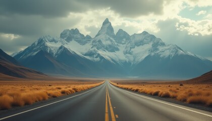 Winding highway leads to majestic snow-capped mountains under dramatic clouds in a serene landscape