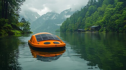 Naklejka premium Solar-powered boat navigates serene lake nature photography tranquil aerial perspective