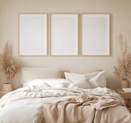 Minimalist bedroom interior with three empty frames, pampas grass, and beige bedding.
