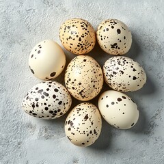 Obraz premium Top view of fresh quail eggs, spotted small shells, healthy organic farm product, dietfriendly breakfast ingredient, raw food with copy space