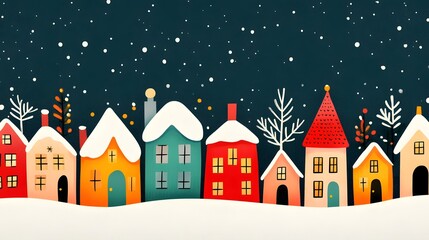 Fototapeta premium Cozy Hand-Drawn Winter Village with Festive Holiday Lights and Warm Tones