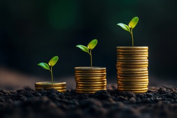 Stacks of coins with sprouted shoots. Concept of capital growth, successful investments, gradual accumulation of wealth and sustainable development