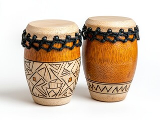 Intricately Carved Wooden Drums with Beaded Accents