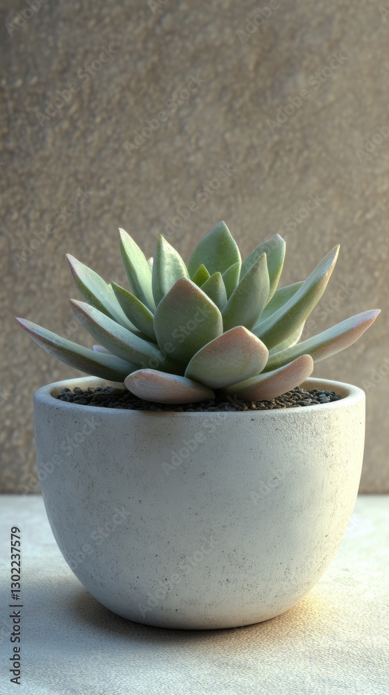 Poster close-up view of a small succulent plant in a simple concrete pot with soft lighting