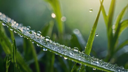 Naklejka premium Tiny, glistening droplets of morning dew resting on fresh green grass, reflecting the soft sunlight and creating a serene, refreshing atmosphere. Perfect for nature photography, environmental themes, 