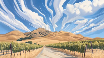 Digital Painting of Sunny Landscape with Swirling Clouds and Vineyards