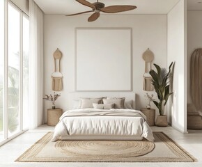 Minimalist bedroom with beige bedding, large frame, and natural decor.