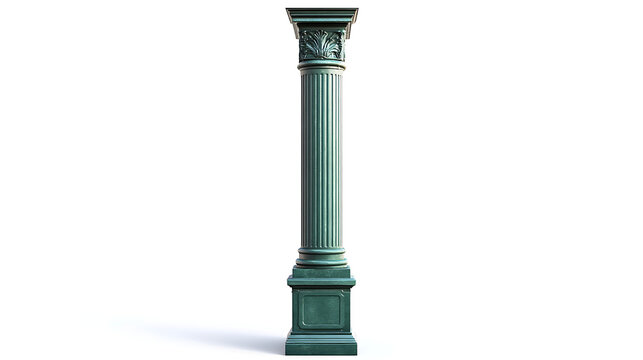 Isolated green column with fluted shaft and ornate capital on white background