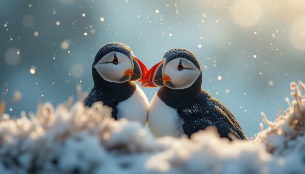 Cinematic view of a pair of puf devs nestled together in a snowy landscape during a gentle snowfall at dawn