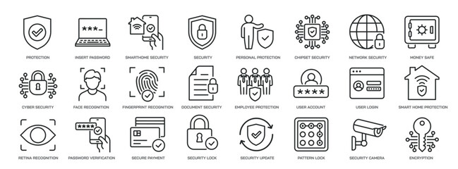 Set of collection line icons related security, protection, safety, privacy. Editable stroke. Perfect pixel on transparent background
