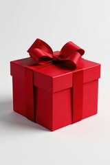 Obraz premium A vibrant red gift box, elegantly adorned with a luxurious satin ribbon, symbolizes celebration and thoughtful gifting.