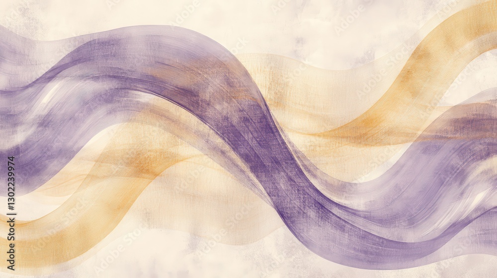 Poster Abstract design featuring gentle pencil strokes with flowing curves and soft colors of purple and gold on a textured background