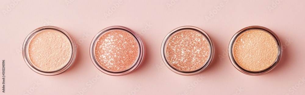 Poster various sparkling powders in peach and rose-gold colors displayed on a soft pink surface