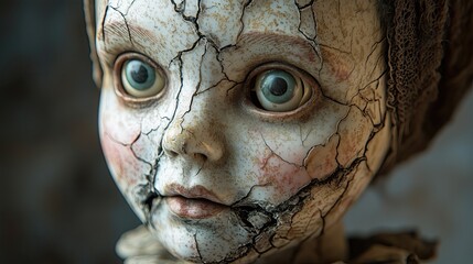 Haunting vintage doll with cracked porcelain features.