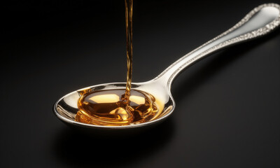 An imaginative depiction of a sleek silver spoon holding molten gold that drips mid-motion, where the liquid gold's shine contrasts