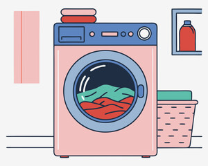 A modern front-loading washing machine with clothes spinning inside