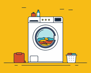 A modern front-loading washing machine with clothes spinning inside