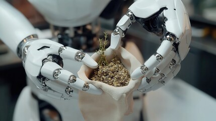 A robotic hand holds a small pouch filled with a substance, showcasing the intersection of technology and nature.