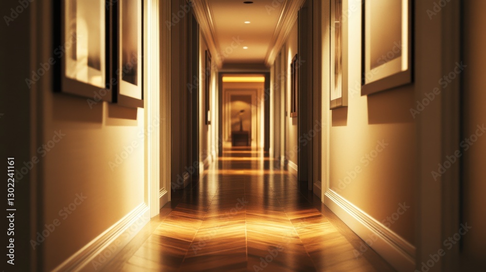 Poster elegant hallway featuring herringbone-patterned flooring illuminated by soft lighting and accompanie