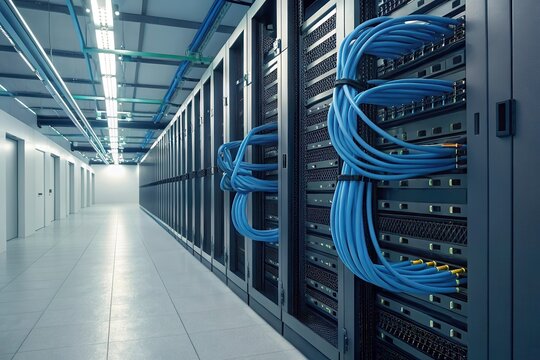 Communication Wires Connect Servers in a Data Center Corridor With Low Lighting Effects. Generative AI