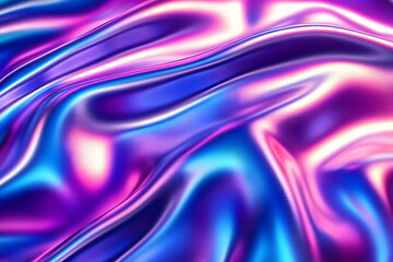 Fototapeta premium 3d render Metallic liquid background. Abstract neon texture. Rainbow 3d holographic foil. Wavy glossy surface in blue and purple colors Background
