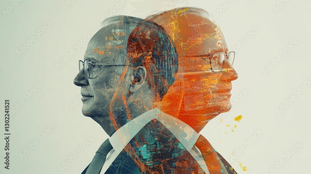 Aufkleber Double exposure portrait of a businessman with city skyline and data overlays illustrating finance and tech concepts