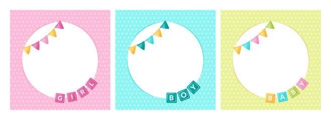 Cute baby shower frames with colorful bunting, polka dots, and alphabet blocks spelling GIRL, BOY, and BABY. Perfect for gender reveal announcements, invitations, or baby themed designs.
