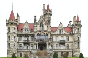 Fototapeta premium majestic medieval castle with soaring turrets and intricate stonework, isolated on pristine white background, dramatic lighting highlighting gothic architectural details and ornate embellishments