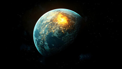 Fototapeta premium Distant Exoplanet with Brilliant Illumination Over Surface Rendering, Isolated