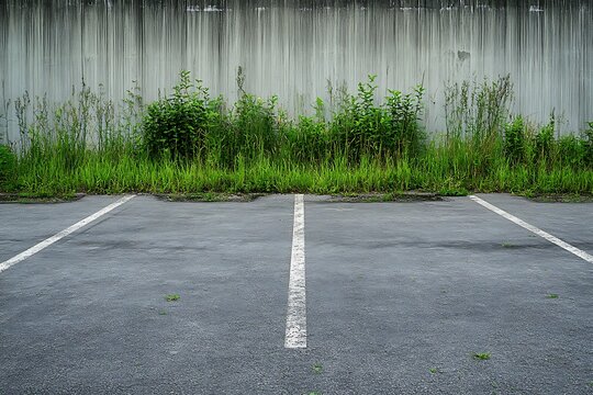 Overgrown lot Weeds sprout in empty parking spaces, wall backdrop, urban decay