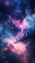 Deep space blue infused with striking neon pink radiating across surreal floating clouds in a hyper-realistic celestial scene