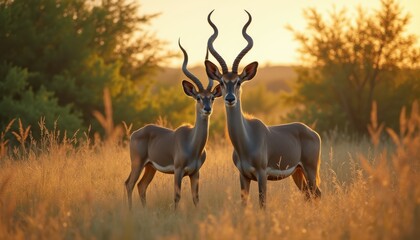 Fototapeta premium Majestic pair of antelope standing gracefully in golden grasslands during sunset