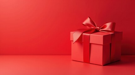 A Vibrant Red Gift Box with a Satin Ribbon Bow on a Matching Background, Perfect for Festive Occasions and Celebrations