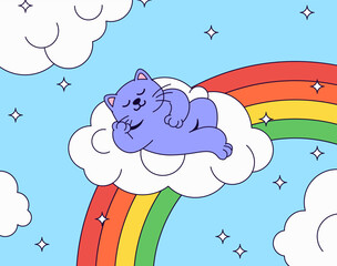 Cat sleeping on a cloud above a rainbow in cartoon vector