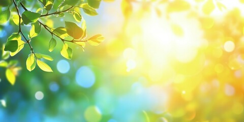 Obraz premium blurred spring background with sun and bokeh, green, yellow, and blue sky, banner template