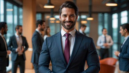 Portrait of a smiling businessman with coworkers in background in modern office