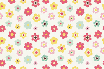 Seamless pattern of colorful flowers on a light background.