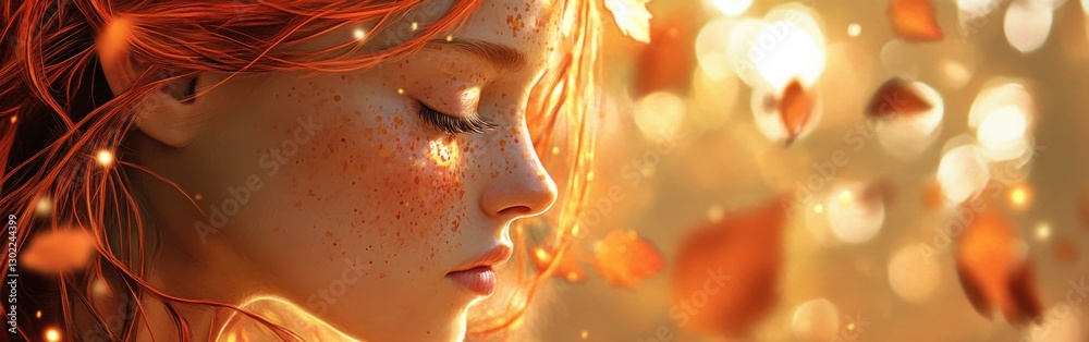 Poster serene depiction of a woman's face with autumn leaves and warm sunlight creating a magical ambiance 