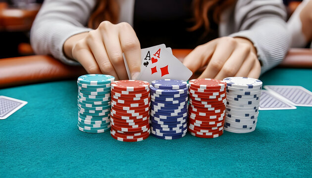 Hands holding pair of aces with poker chips stacked on green felt table