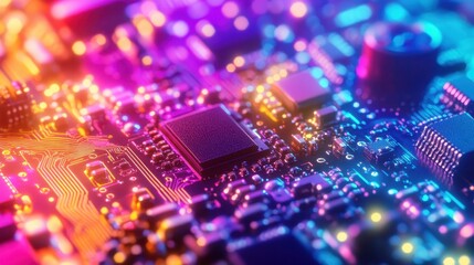 Obraz premium Vibrant Circuit Board Closeup Showing Technological Components
