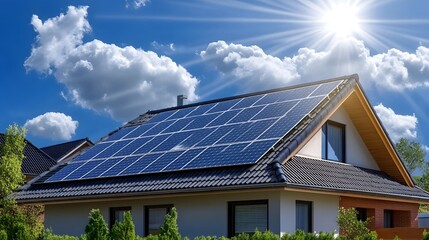 Fototapeta premium Smart Home with Solar Rooftop and Battery Storage for Energy Independence and Sustainability