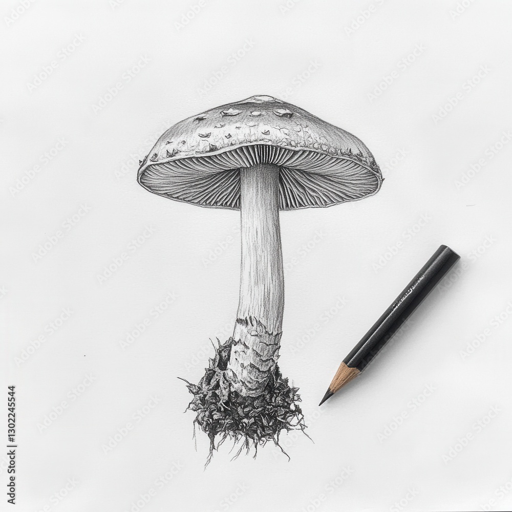 Poster Mushroom with gills displayed alongside a pencil, highlighting details of its structure and environment