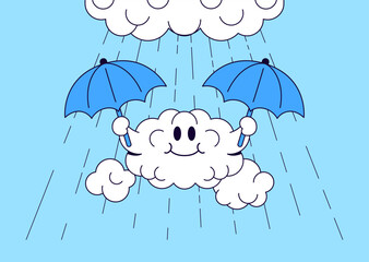 A cloud holding two umbrellas cartoon illustration