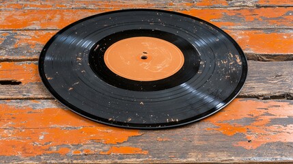 Dusty Black Vinyl Record on Weathered Orange Wood