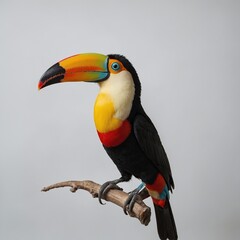 Fototapeta premium A stunning toucan with its iconic large, colorful beak, perched against a bright white background.