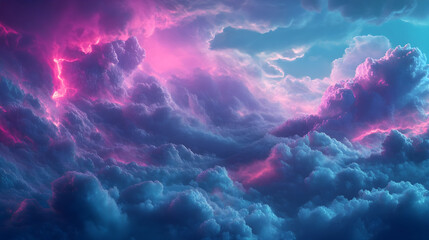 Mystic navy blue and bold fuchsia pink intertwining across an endless horizon of glowing dreamlike clouds