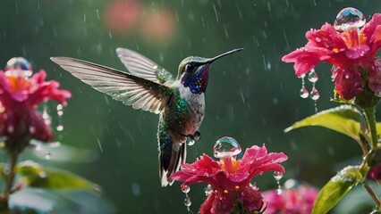 Fototapeta premium A breathtakingly beautiful hummingbird with crystal-like transparent wings, covered in sparkling raindrops, flying gracefully through a garden full of vibrant blooming flowers. As the bird flaps its w