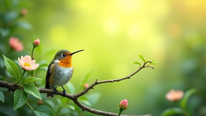 Fototapeta premium beautiful green nature aesthetic wallpaper leaf plant background, there are birds.